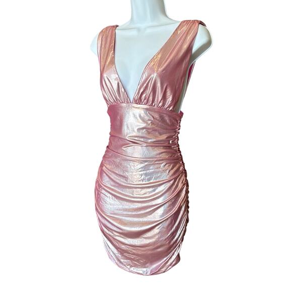 Superdown Metallic Pink Bodycon Mini Dress XS Ruched Iridescent Plunging $78 NEW - Picture 6 of 8